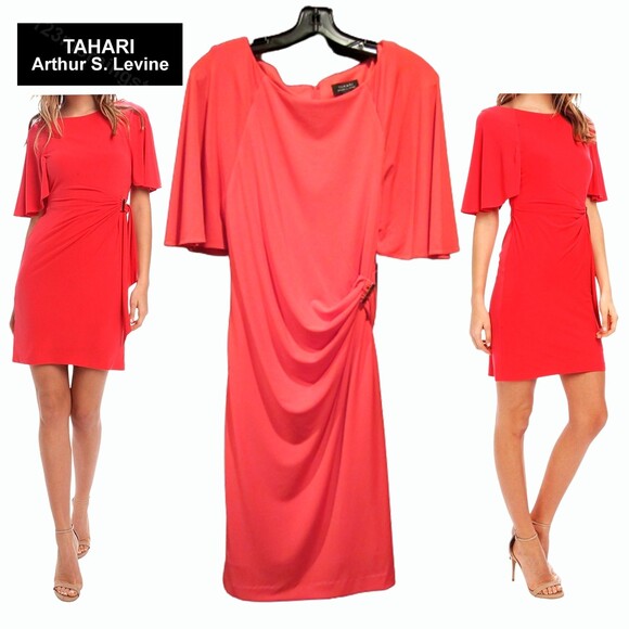 TAHARI ASL NEW Cottagecore THERESA Ruche Double Ring Tie Bell Sleeve Dress 12 - Picture 1 of 12